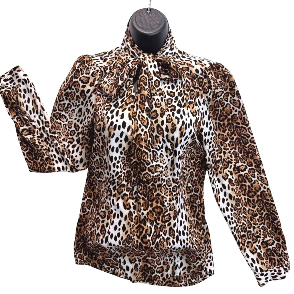 White House Black Market Leopard Print Bow Tie Neck Blouse Tan Brown 4